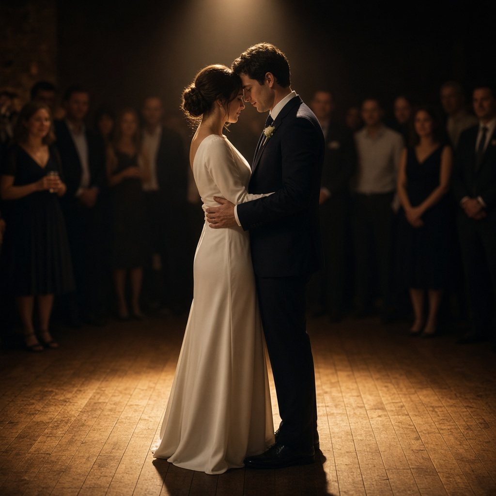A bride and groom sharing their first dance, with wedding guests standing around them.
