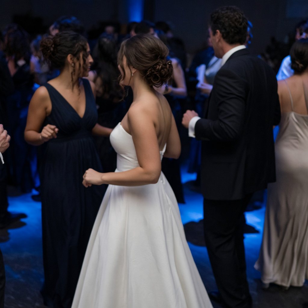 A bride dancing with guests under blue light at a wedding reception.